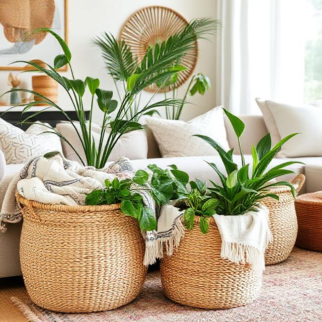 Woven Boho baskets used for home storage and décor.