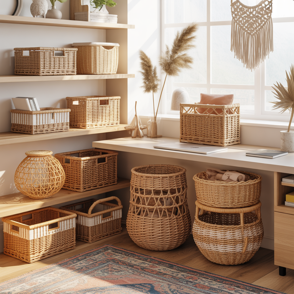 10 Modern Boho Home Office Ideas for a Creative Workspace 8 Woven baskets for storage in a Modern Boho Home Office Ideas workspace.