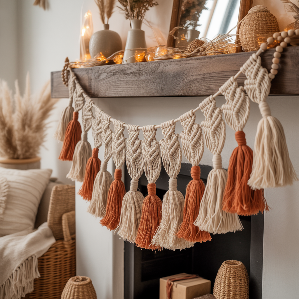 10 Stunning Boho Christmas Décor Ideas for a Whimsical Holiday Look 5 Woven garland with tassels in a Boho Christmas Décor Ideas holiday space.