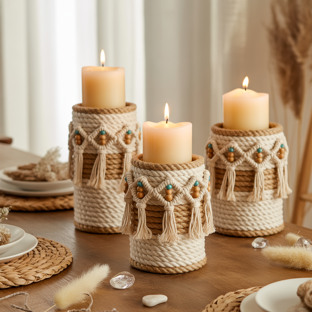 10 Amazing Ways to Make Your Own Boho Candle Holders and Décor 5 Woven rope Boho Candle Holders with beads on a boho table.