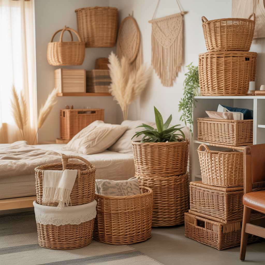 10 Best Boho Studio Apartment Ideas to Maximize Small Spaces 9 Woven storage baskets in a Boho Studio Apartment Ideas small space.