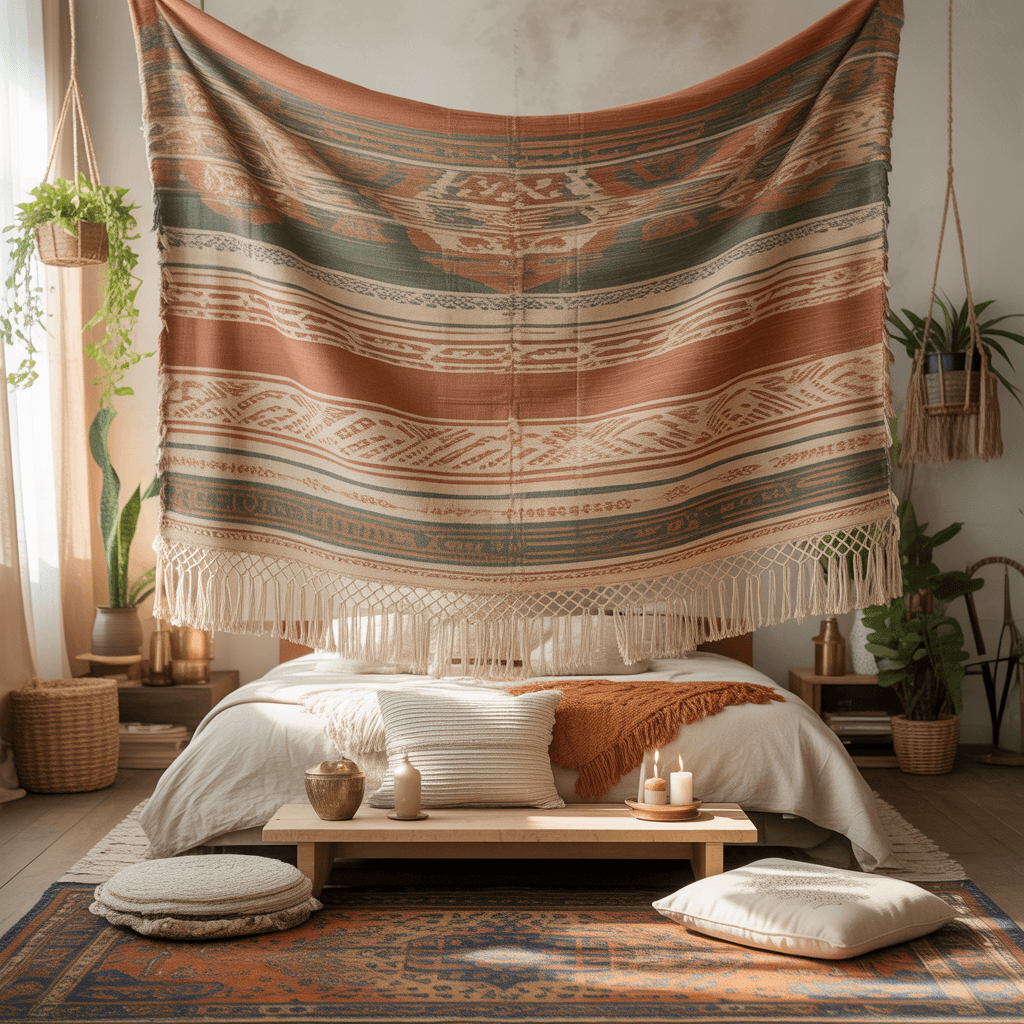  Woven tapestry in a Boho Aesthetic Room Décor bedroom display.