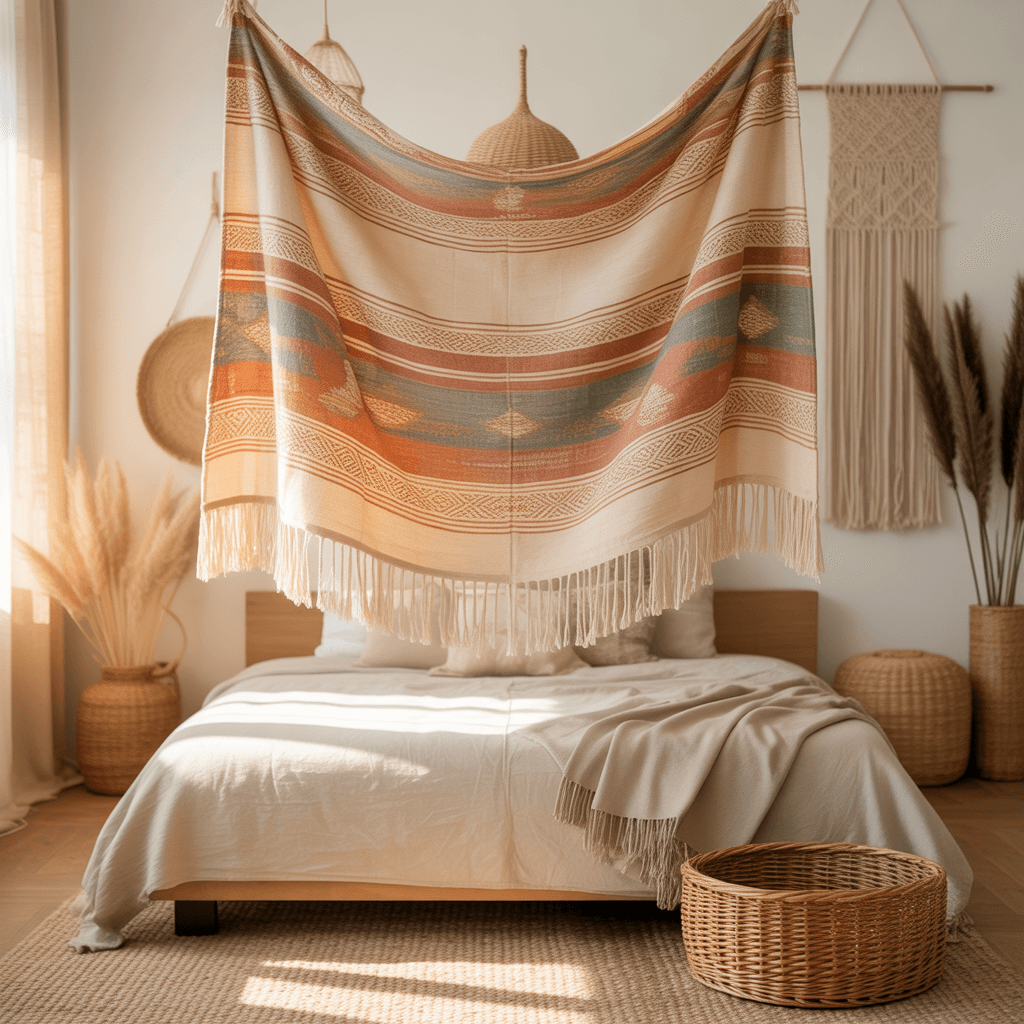 Woven tapestry in a Neutral Boho Home Style bedroom display.