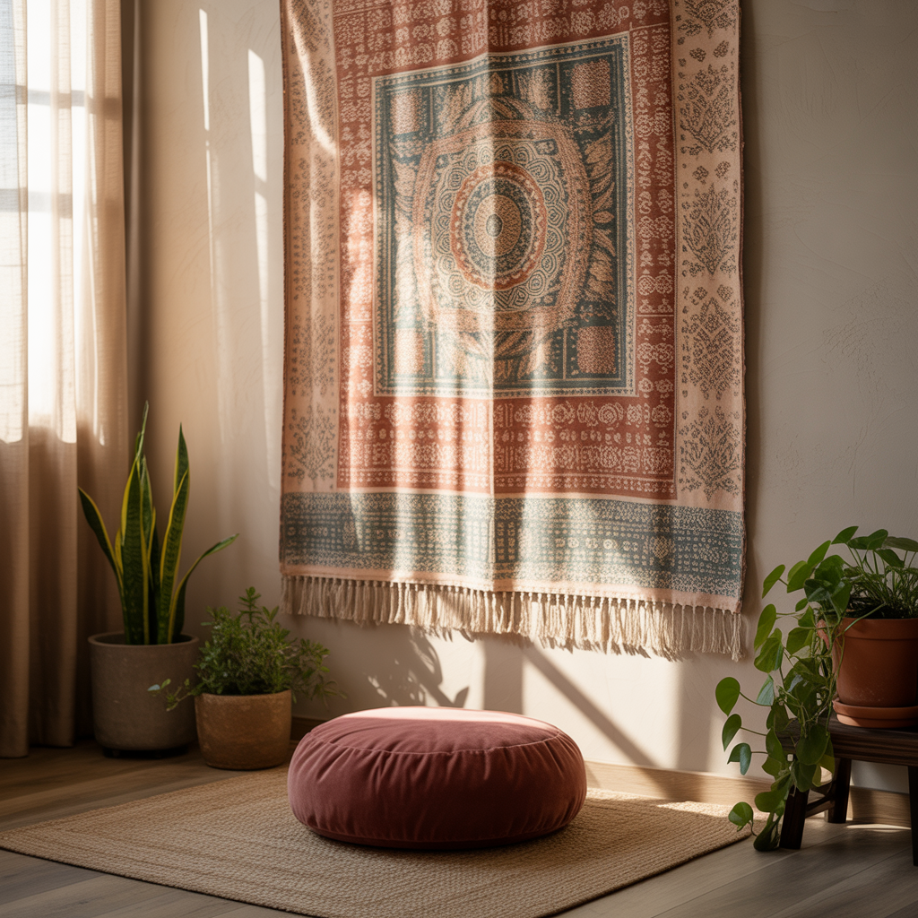 Boho Meditation Corner: 10 Brilliant Ideas 4 Woven tapestry in a serene Boho Meditation Corner at home.