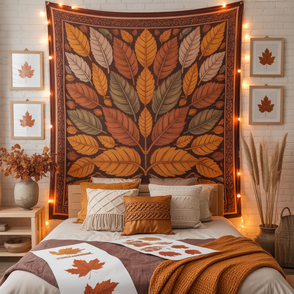 10 Cozy Boho Fall Home Décor Ideas with Free Wall Art Printables 9 Woven tapestry with leaf motif printables in a Boho Fall Home Décor bedroom.