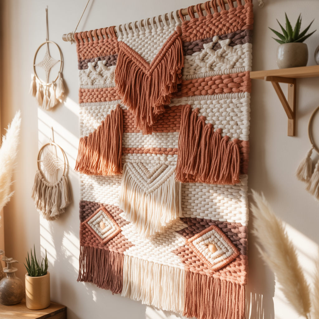 10 Eye-Catching DIY Boho Wall Art Ideas to Add Personality to Your Space 5 Woven yarn tapestry in a DIY Boho Wall Art Ideas display.