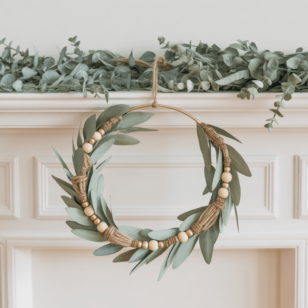 Wreath Garland DIY Boho Christmas Décor A sage and gold wreath garland with twine and wooden beads, draped on a mantel with dried eucalyptus.
