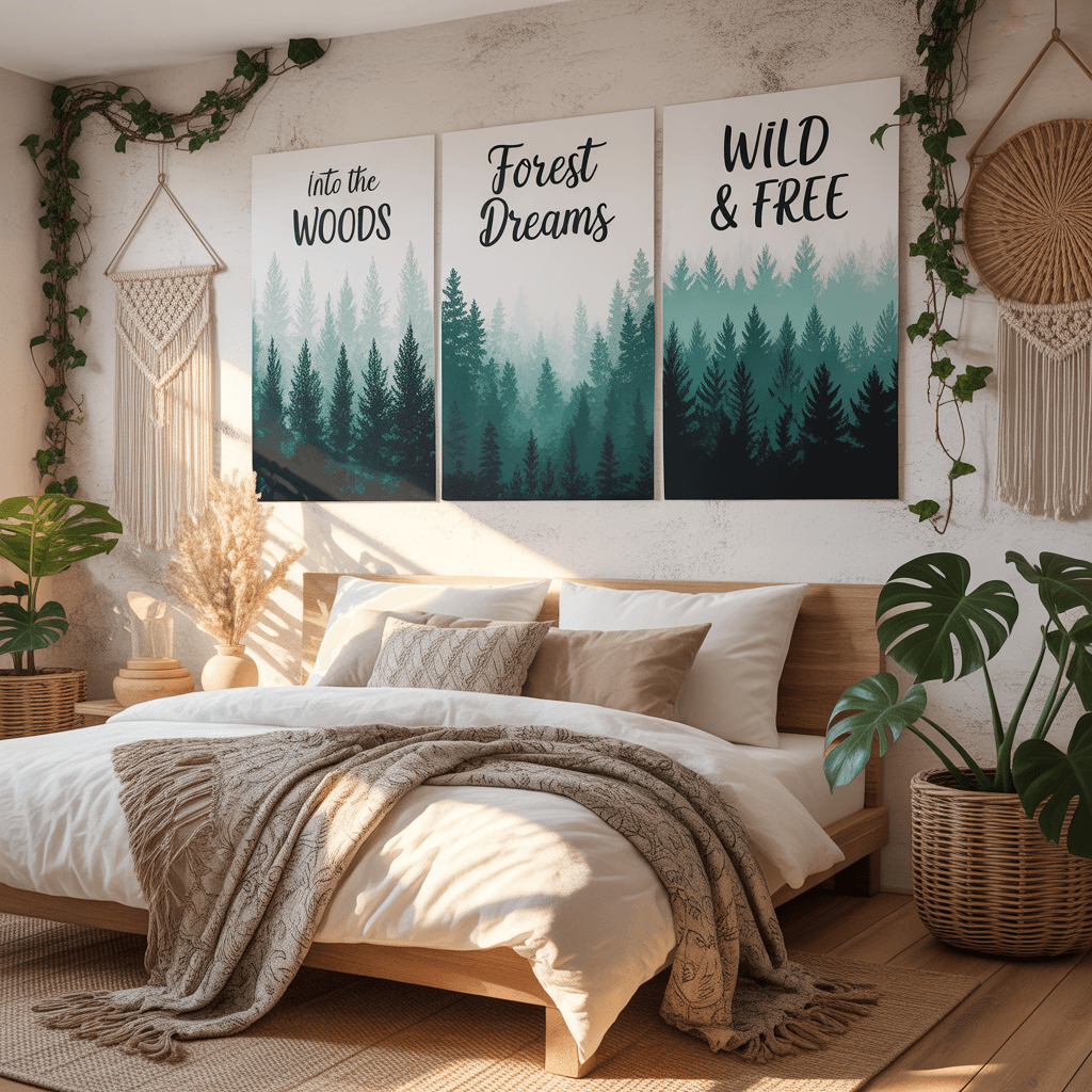 fall wall  Posters with forest design in a boho bedroom.
