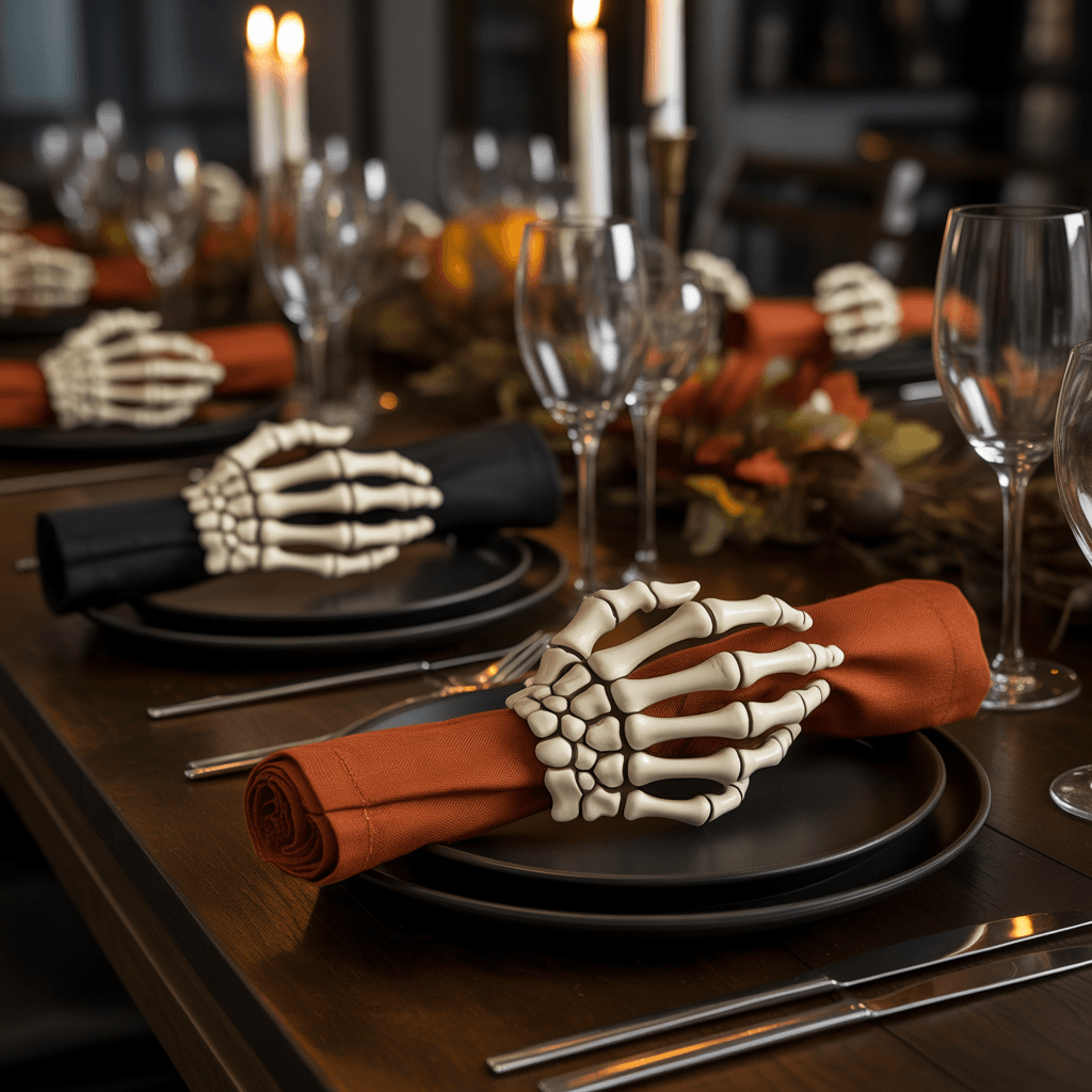 keleton hand napkin rings from Free Printable Halloween Decorations on a dining table.
