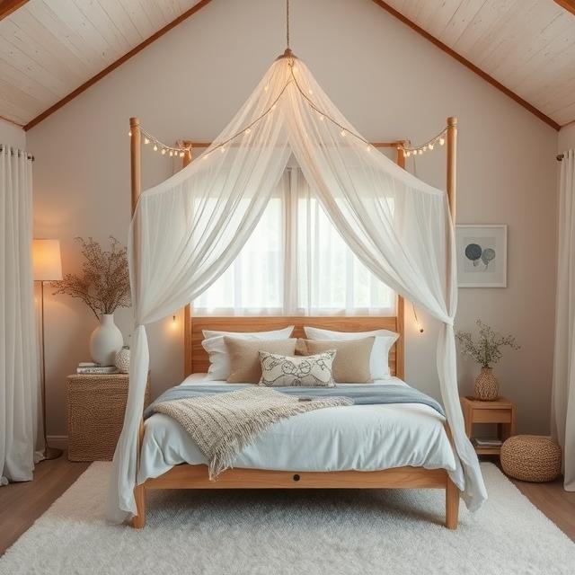 cozy bedroom makeover with rattan furniture and fairy lights.