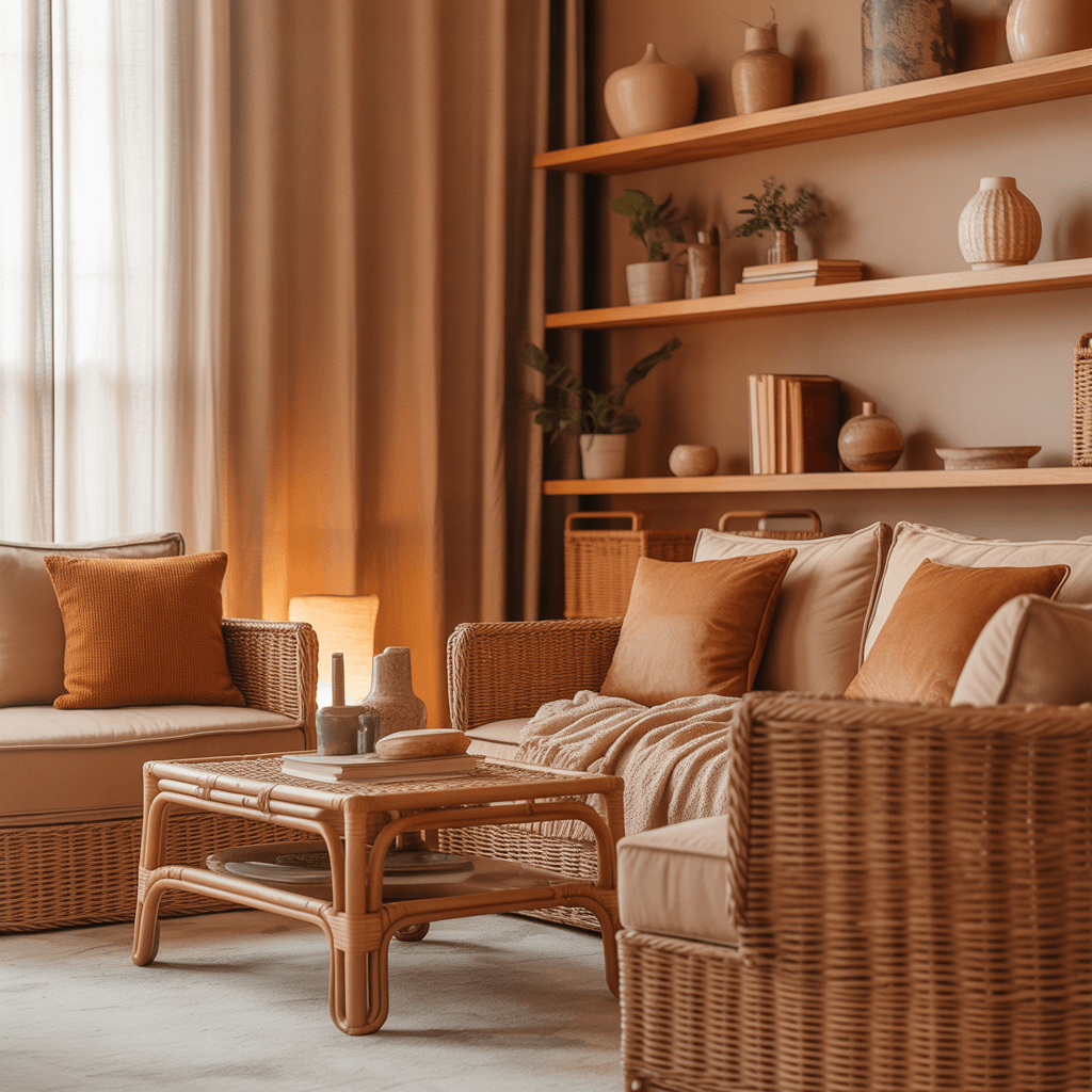 2026 warm neutral living room with natural textures and earthy color palette.