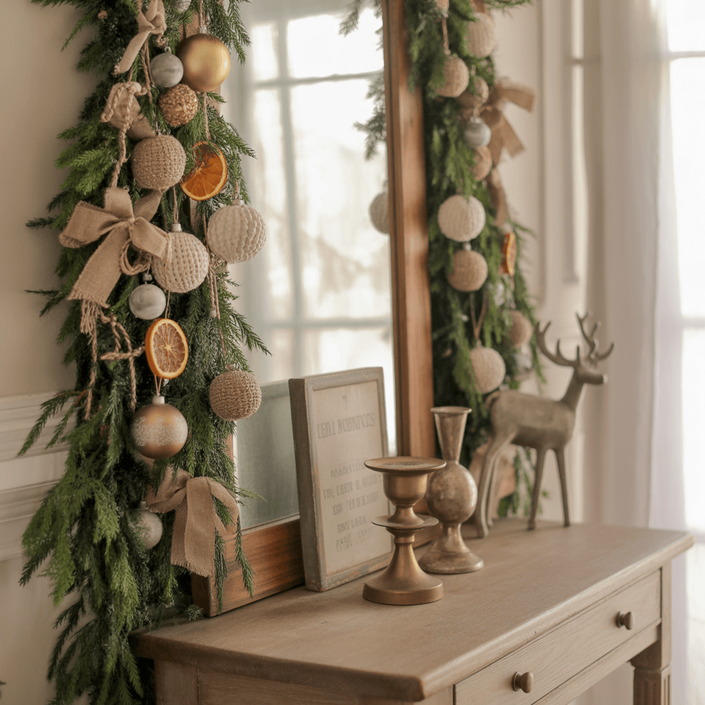 Affordable entryway Christmas decorations with DIY accents.