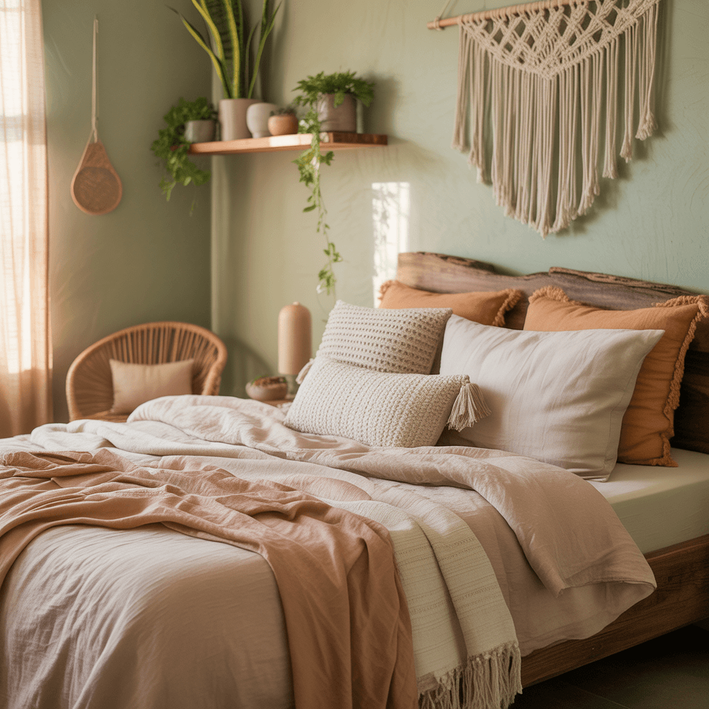 Balanced Boho bedroom decor with natural textures and soft green tones.