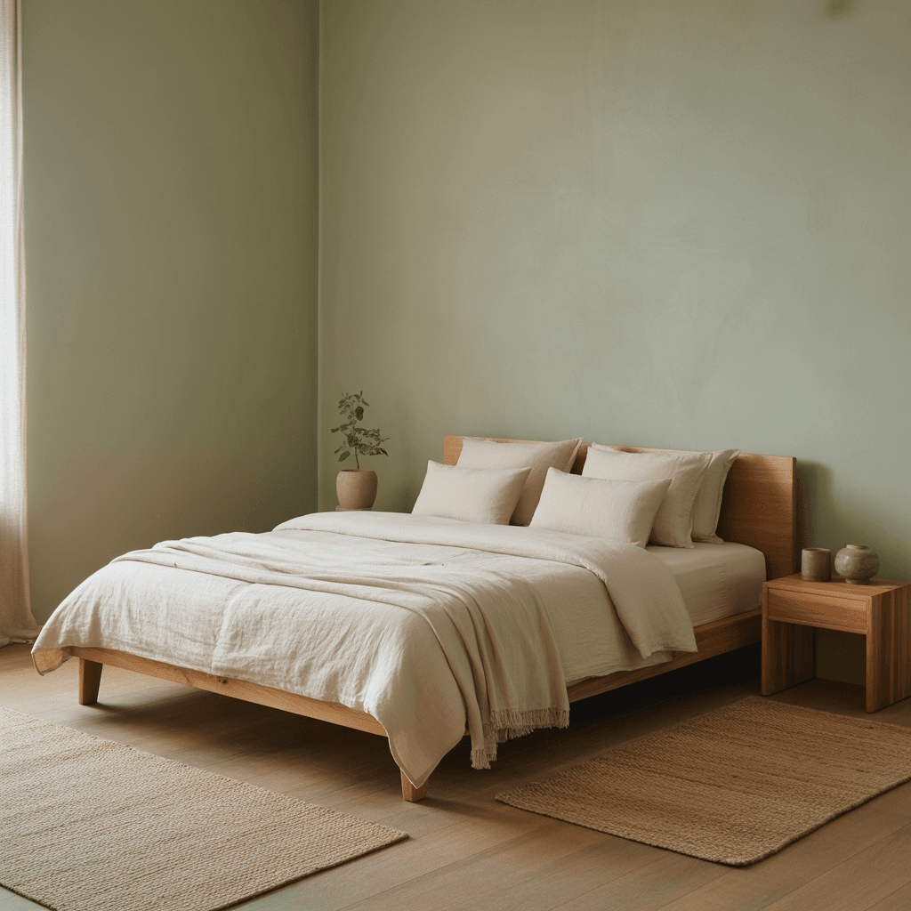 Balanced boho bedroom with soft sage palette and clean layout