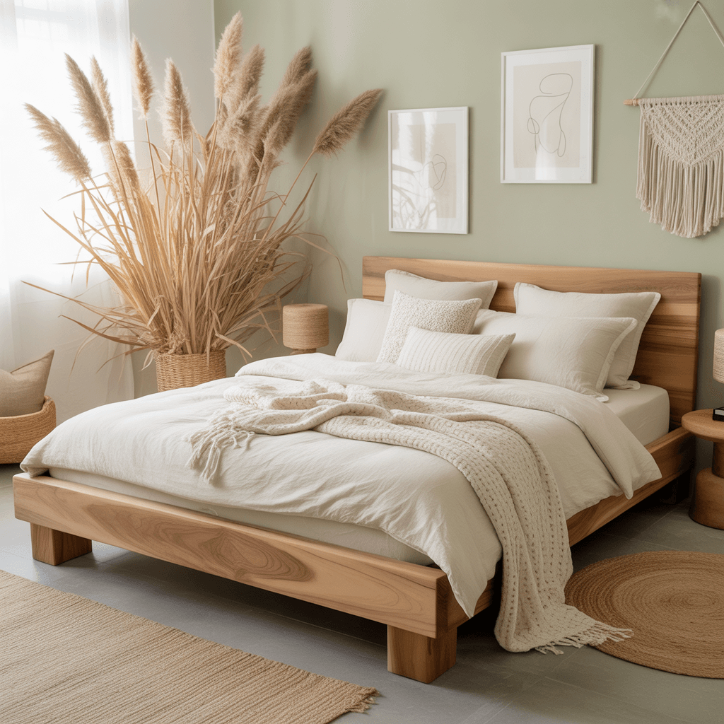 Bedroom with sage green walls and natural wood furniture.