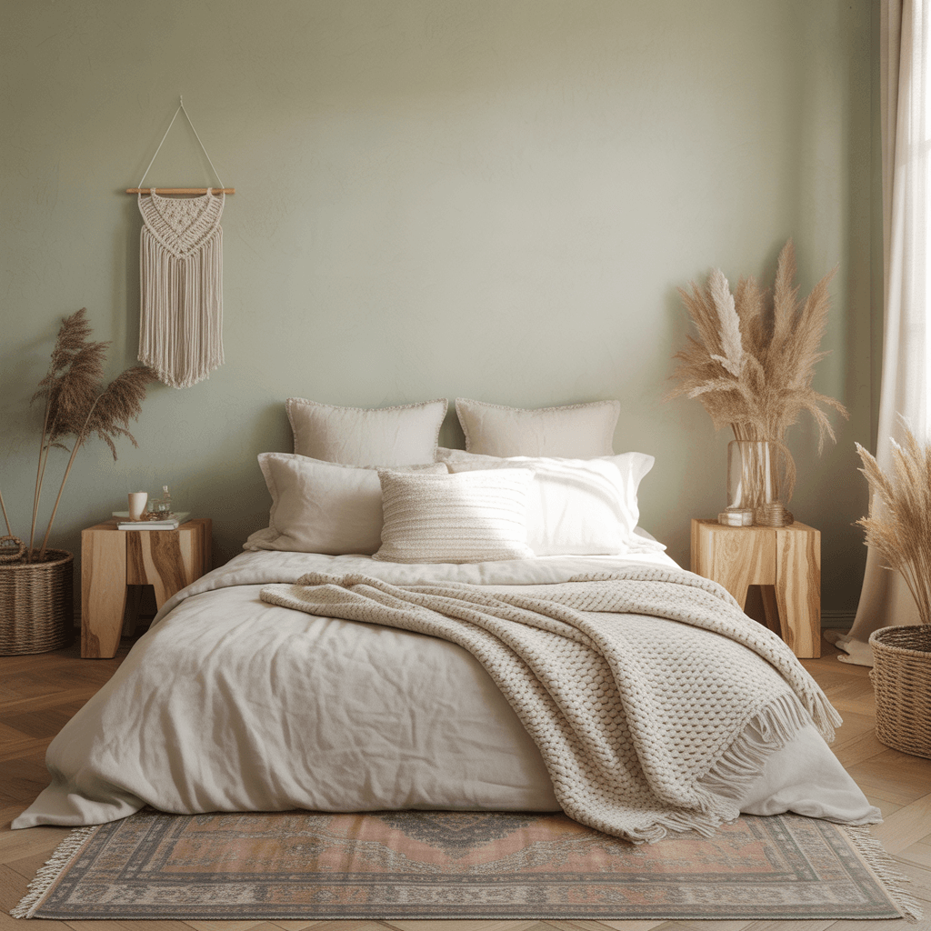 Bedroom with sage green walls, white linen bedding, and rattan furniture.