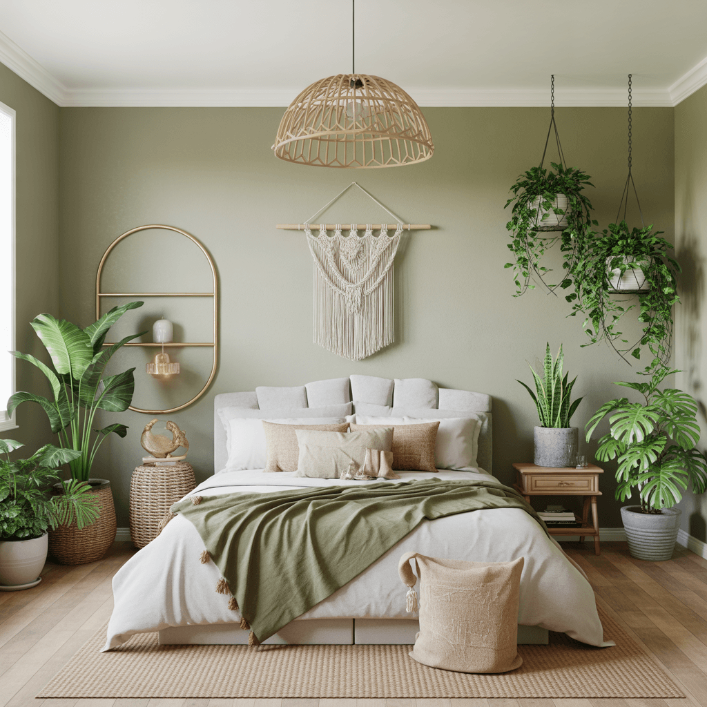 Bohemian bedroom with sage green walls and indoor plants.