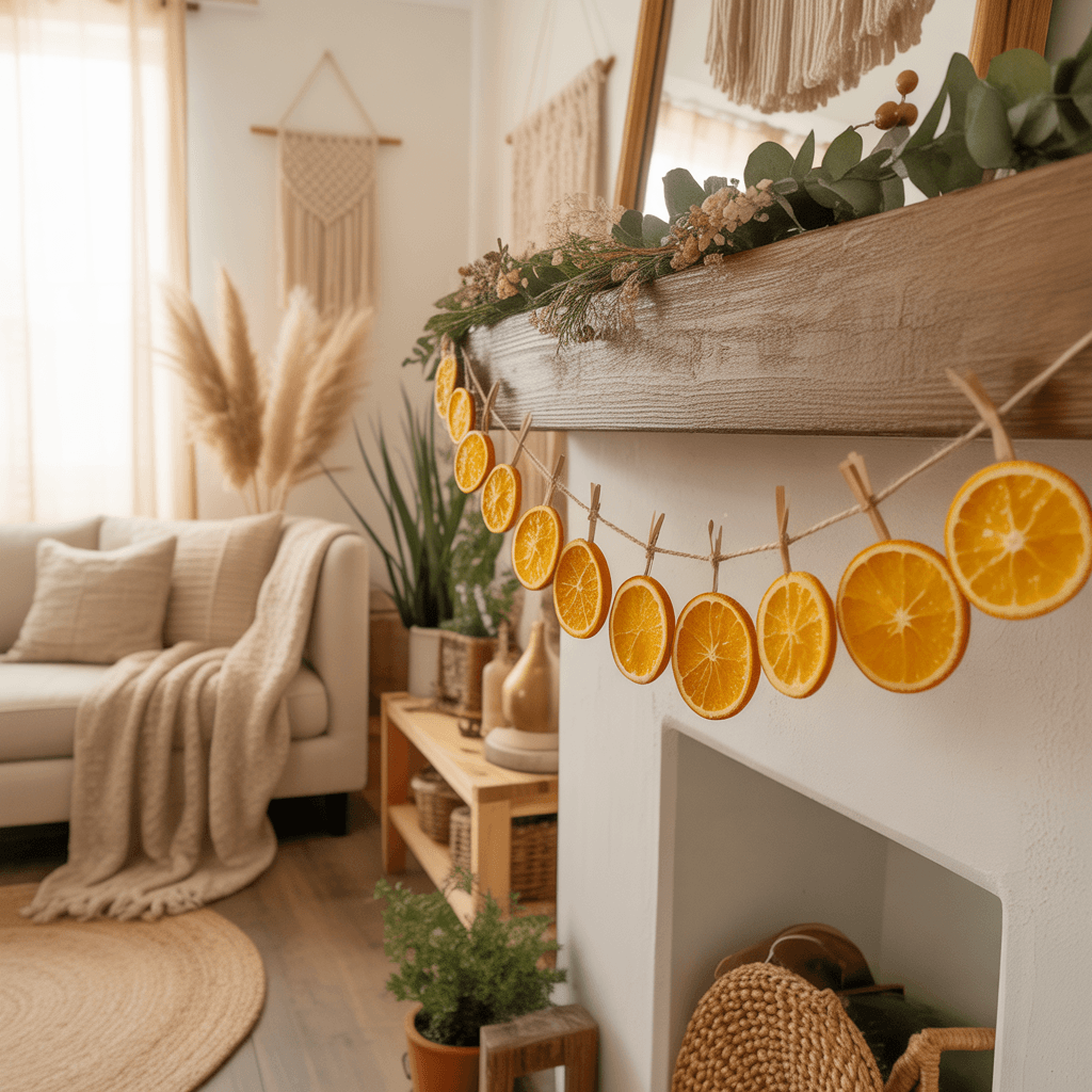 Boho Christmas dried orange slice garland hanging across a mantel.
