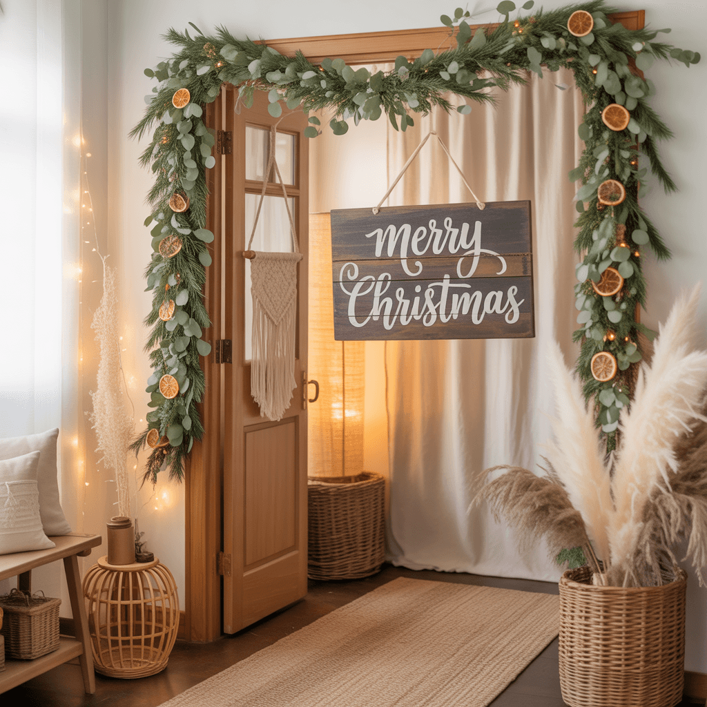 Boho Christmas entryway with layered rugs, wooden sign, and fairy lights