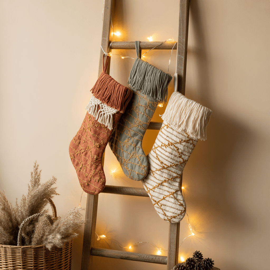 Boho Christmas stockings hanging on rustic ladder with lights.