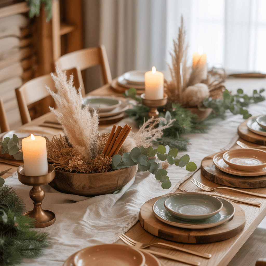 Boho Christmas table styled with natural materials and earthy accents.
