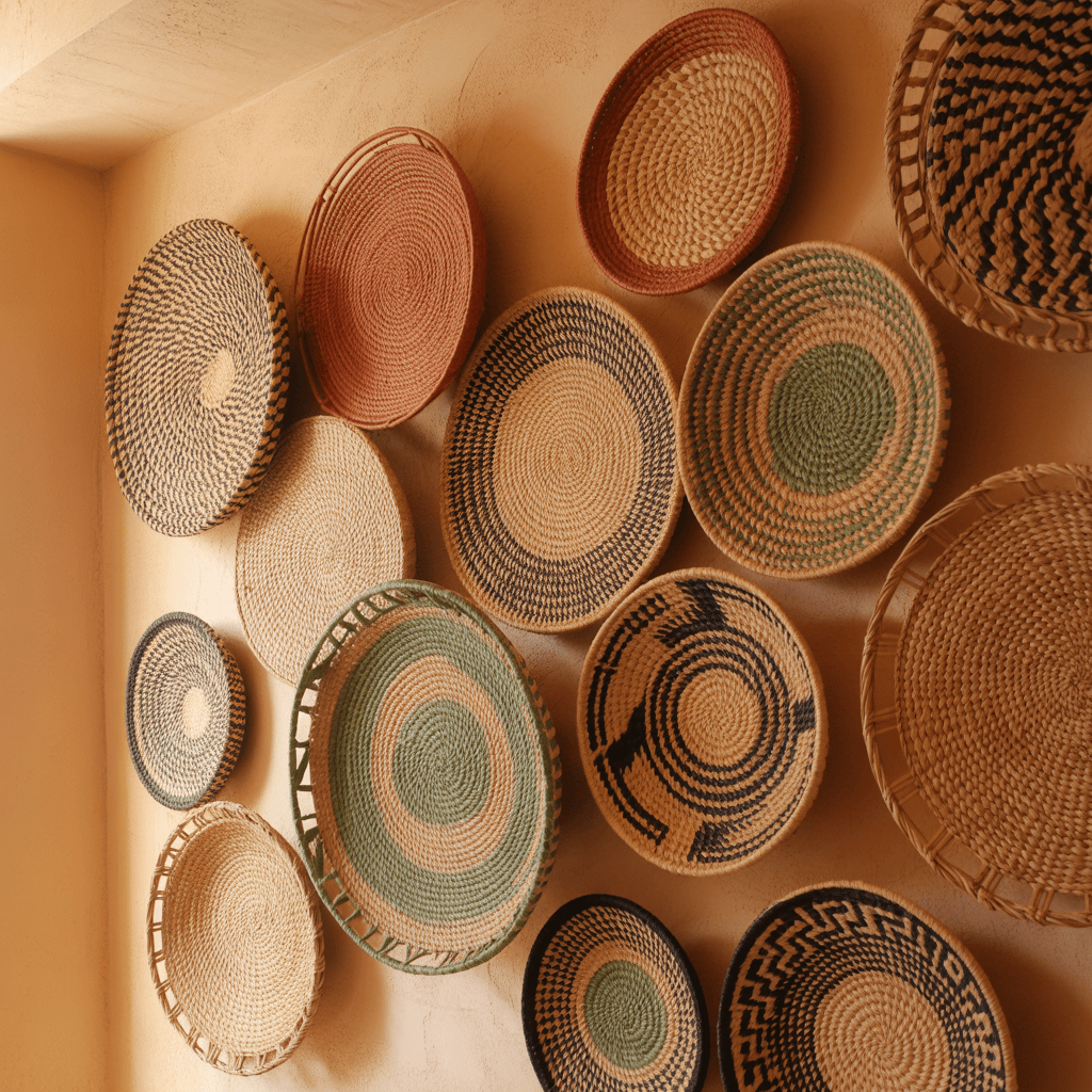 Boho basket wall art arrangement with earth-toned woven baskets