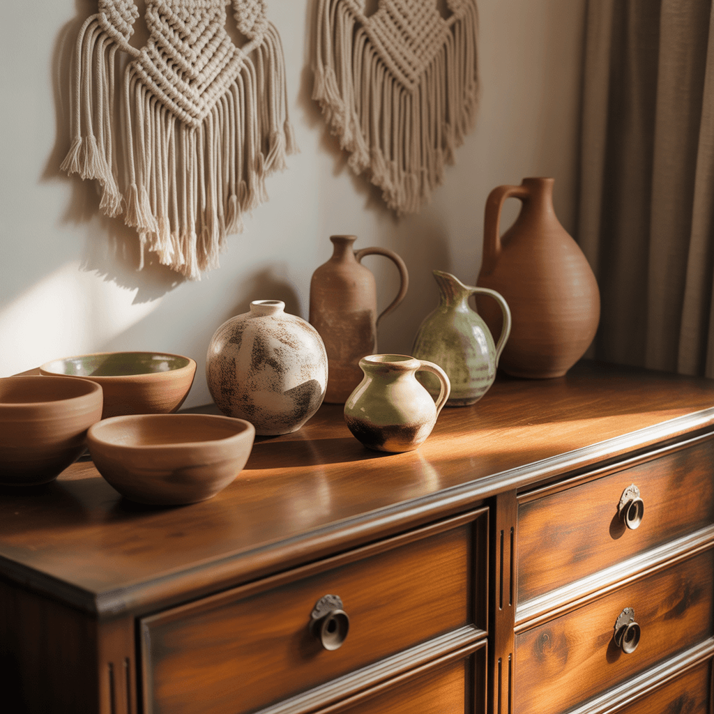 Boho bedroom decor with handmade pottery and vintage textures.