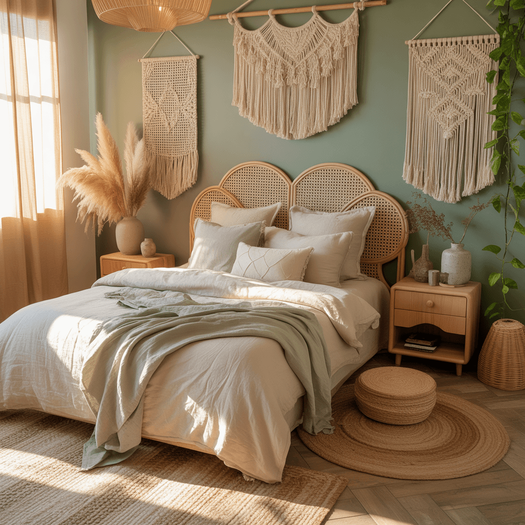 Boho bedroom decor with rattan chair and sage green accents