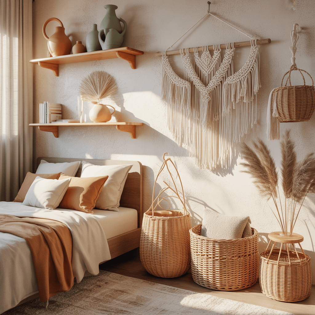 Boho bedroom decorated with handmade pottery and wall hangings