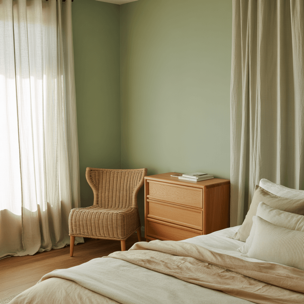 Boho bedroom furniture mix of wood and fabrics.