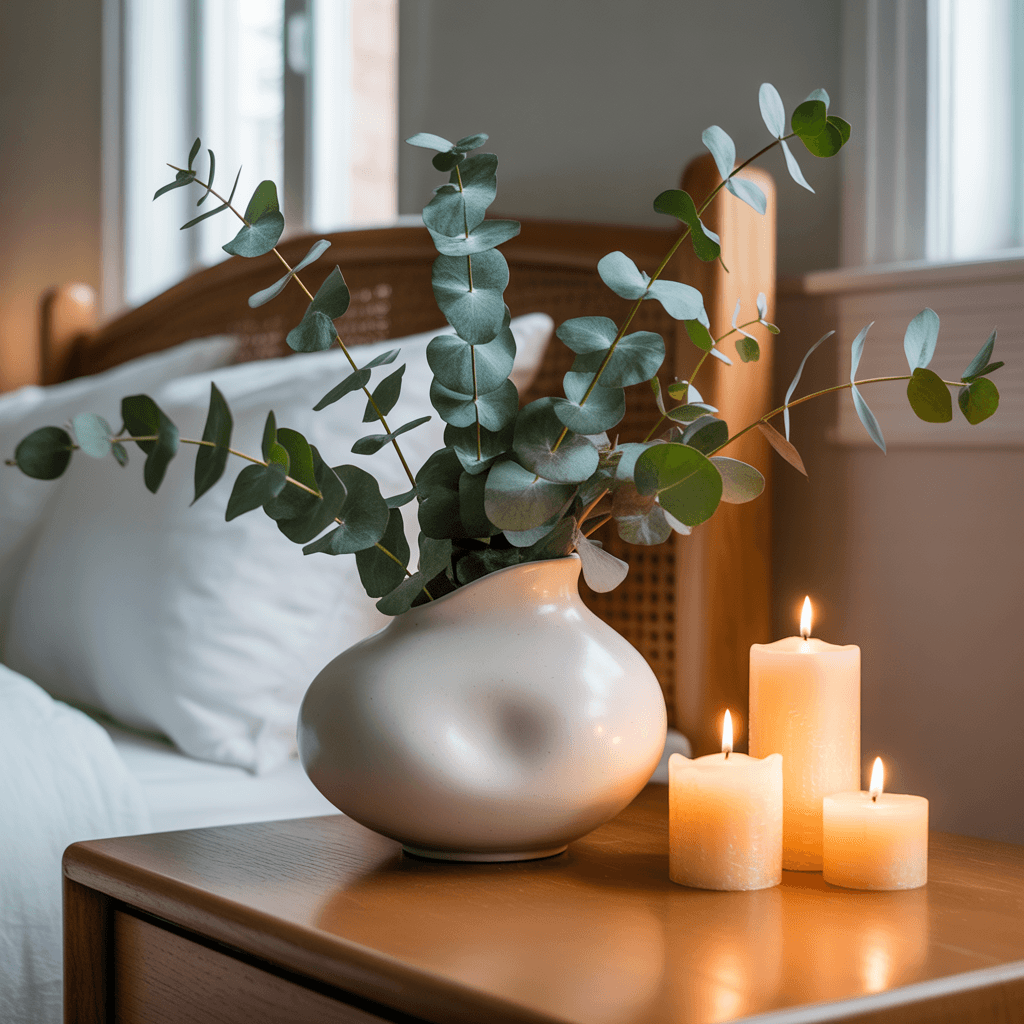 Boho bedroom reading corner with cozy green and cream accents.