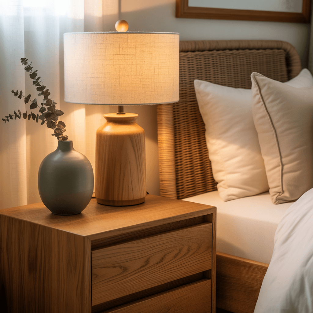 Boho bedroom textures with linen, jute, and macramé.