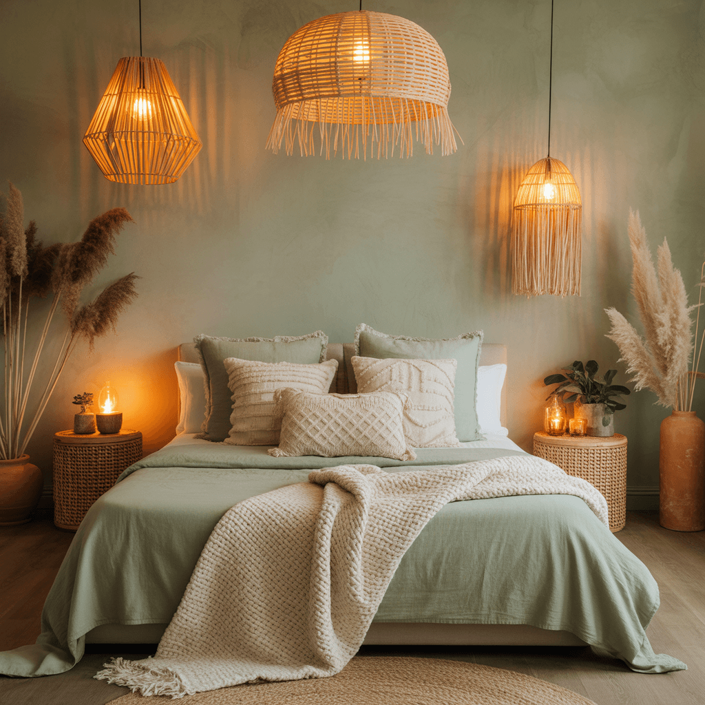  Boho bedroom with ambient lighting and sage decor accents