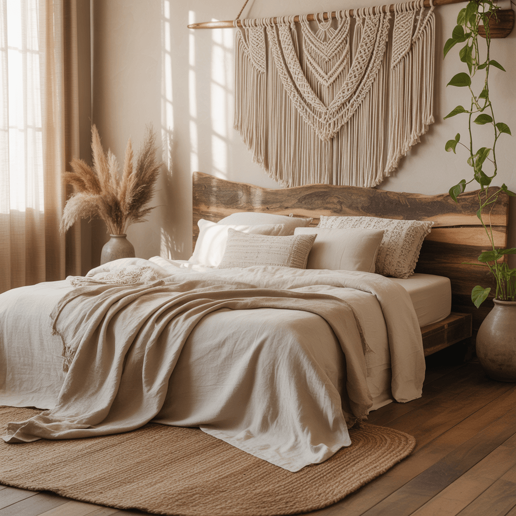Boho bedroom with fairy lights and cozy warm lighting.