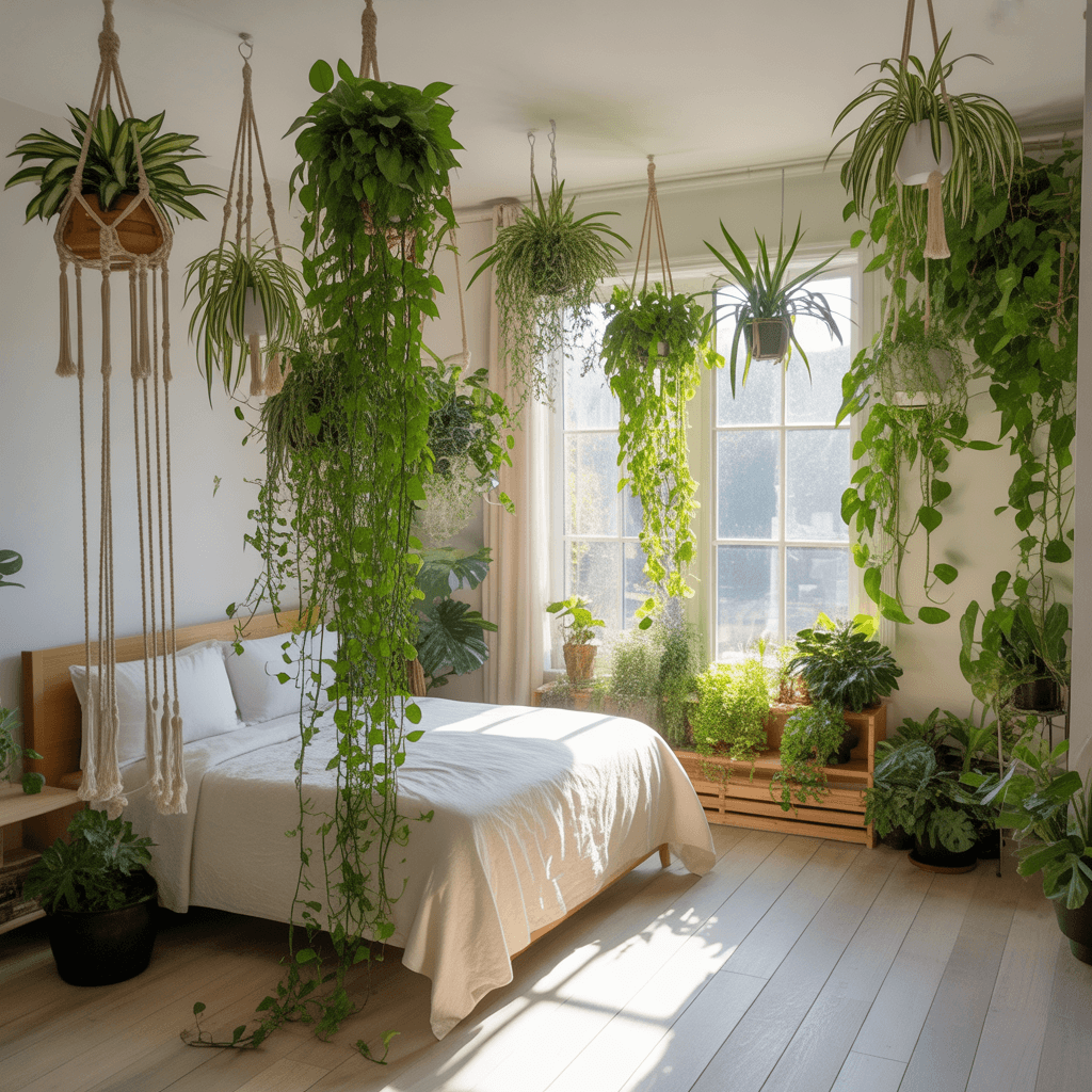 Boho bedroom with houseplants on shelves and corners