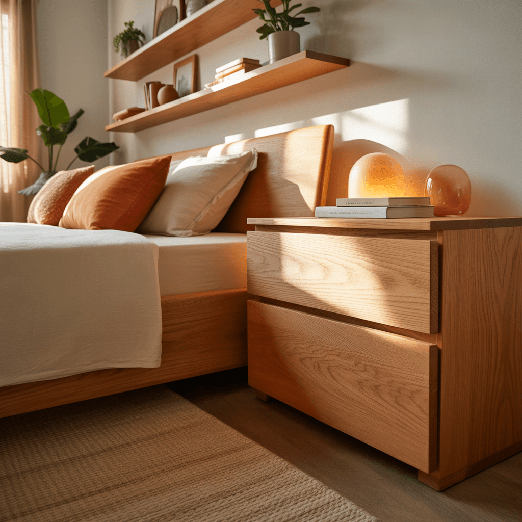 Boho bedroom with natural wood nightstands and shelves
