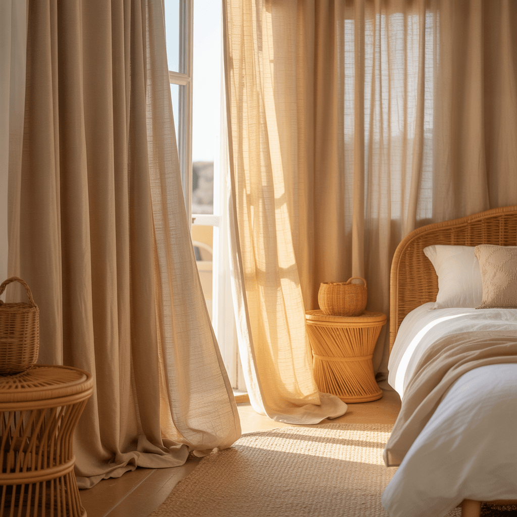 Boho bedroom with neutral airy curtains