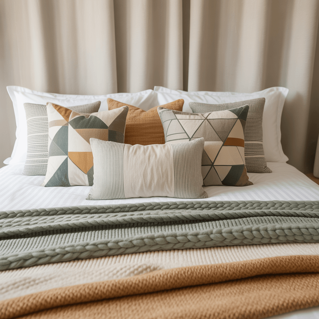 Boho bedroom with patterned pillows and textured blankets