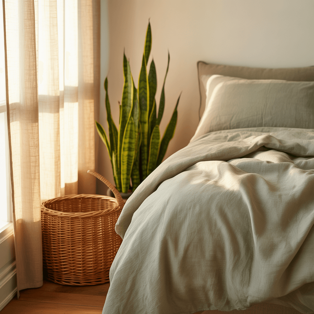  Boho bedroom with plants and sage green accents.