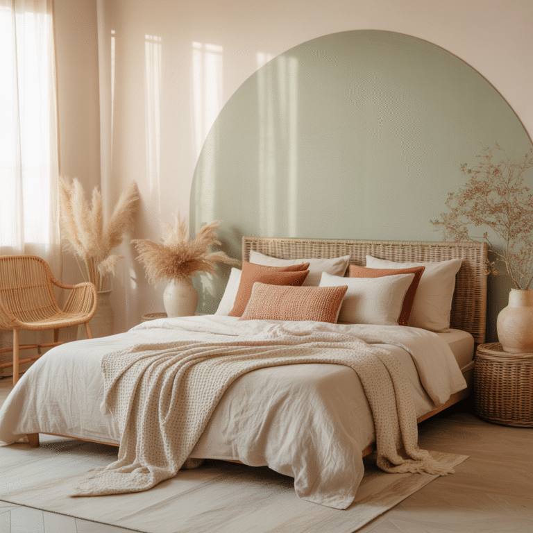 Boho bedroom with sage green accent wall and natural textures
