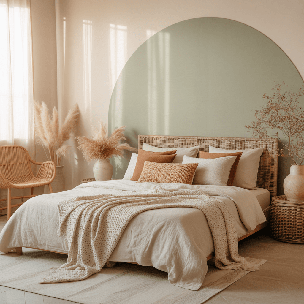 Boho bedroom with sage green accent wall and natural textures