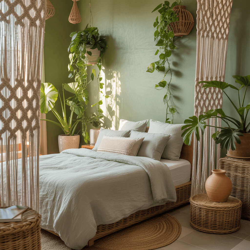 Boho bedroom with sage green decor including plants and pottery.