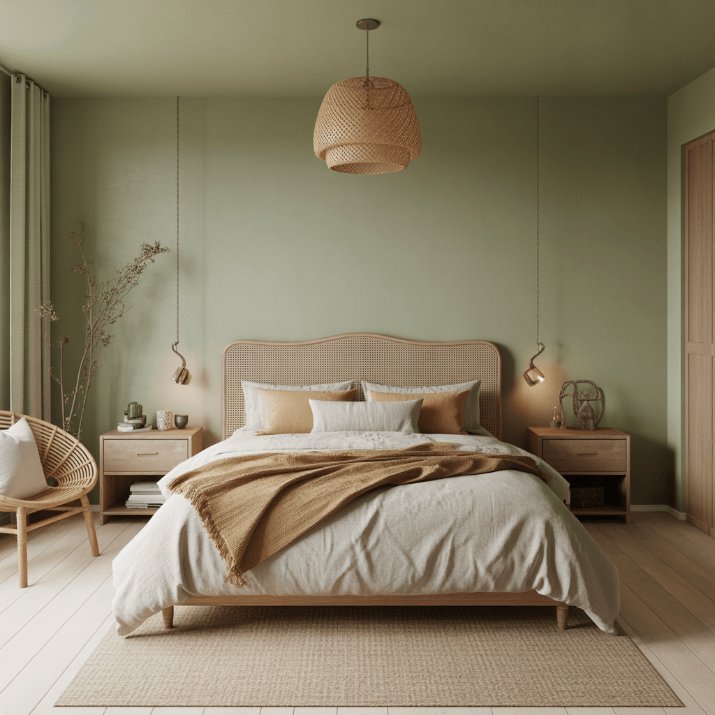 Boho bedroom with sage green walls and natural wooden furniture.