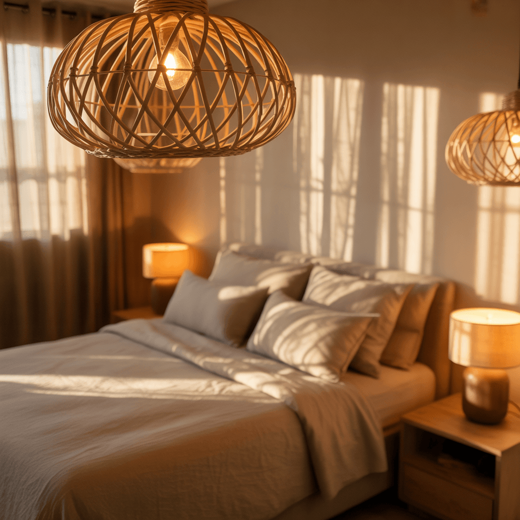 Boho bedroom with warm layered lighting