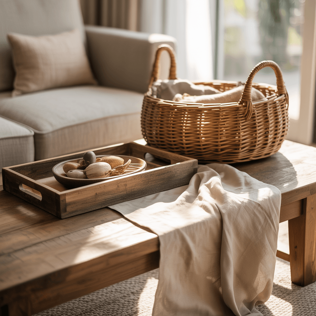 Boho living room accessories combining rattan, wood, and warm textiles.