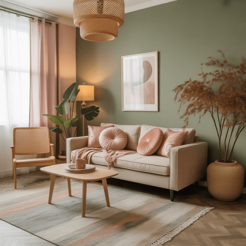 Boho living room with sage green walls, blush pink cushions, and wooden accents.