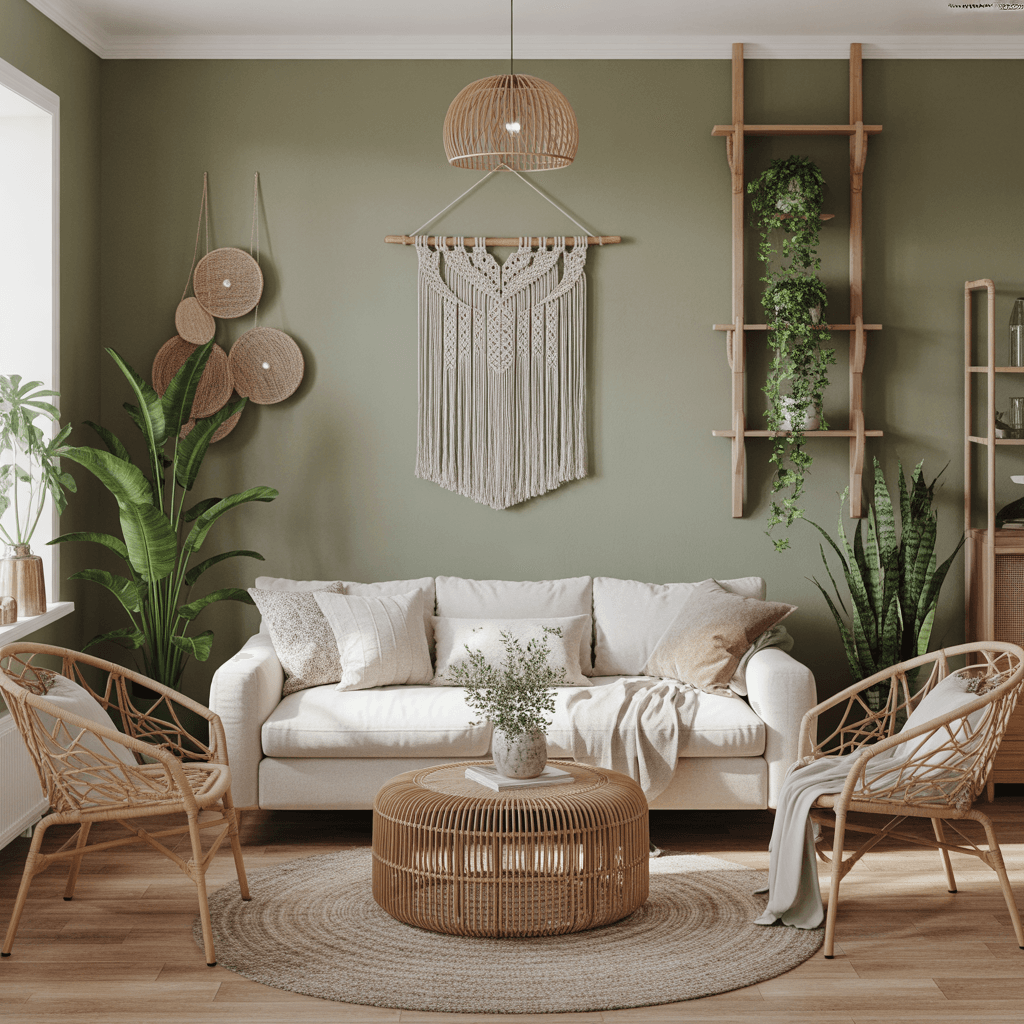 Boho living room with sage green walls, rattan furniture, and plants.