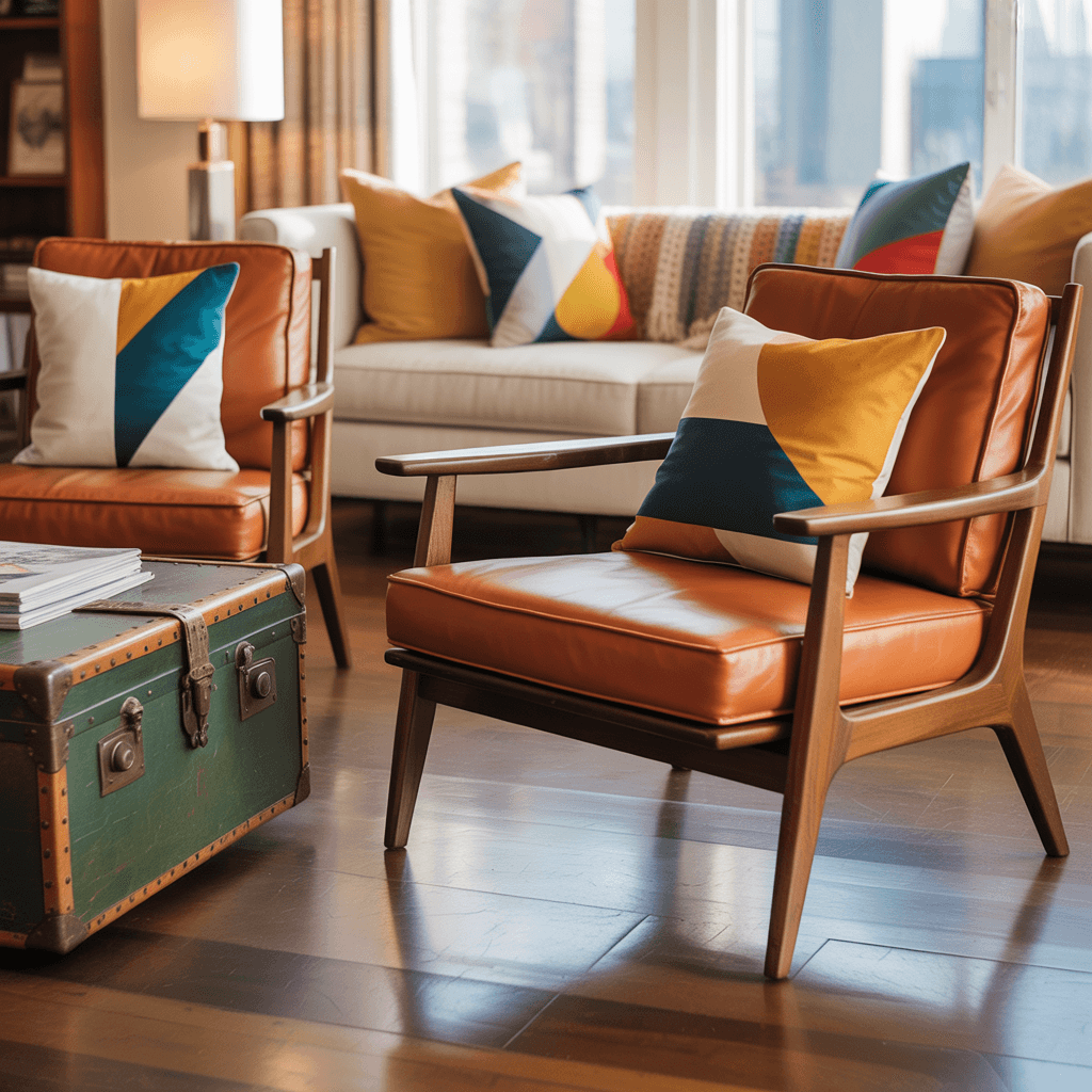 Boho living room with vintage and modern furniture mix