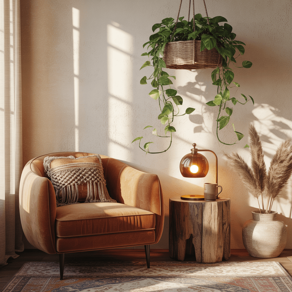 Boho reading corner with a cozy chair and indoor plants