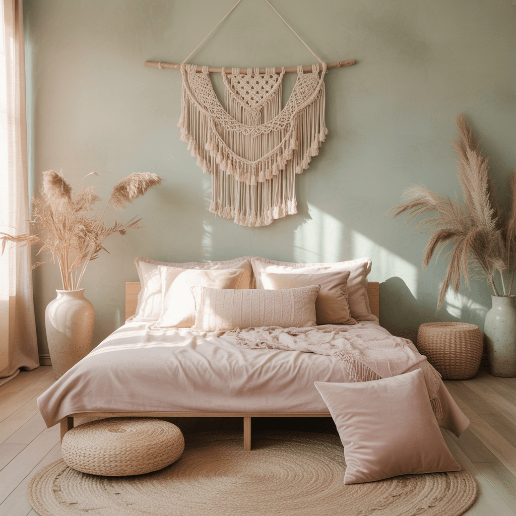 Boho room combining sage green walls with blush and beige accents.